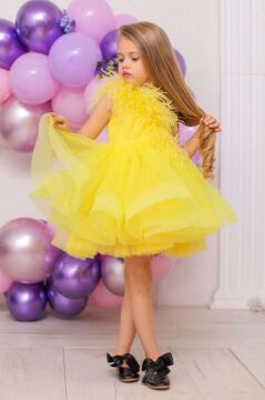 Kız Çocuk Omuzdan Göğse Tüylü Tek Omuz Eteği Kabarık Tüllü Sarı Abiye