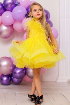 Kız Çocuk Omuzdan Göğse Tüylü Tek Omuz Eteği Kabarık Tüllü Sarı Abiye
