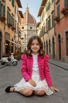 Kız Çocuk Karpuz Kol Kenarları Fırfır Detaylı Denim Fuşya Ceket Puantiye Detaylı Etekli Takım