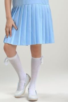 Kız Çocuk Göğsü Fiyonk Detaylı Eteği Pliseli Mavi Elbise