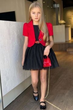 Kız Çocuk Karpuz Kol Blazer Ceket Sıfır Kol Eteği Simli Siyah Elbise