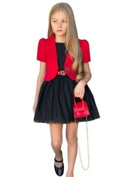 Kız Çocuk Karpuz Kol Blazer Ceket Sıfır Kol Eteği Simli Siyah Elbise