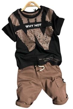 Erkek Çocuk W Harf Why Not Baskılı T-Shirt Kahverengi Şortlu Takım