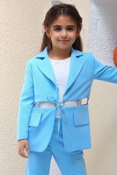 Kız Çocuk Halka Detaylı Blazer Ceket ve  Yırtmaç Detaylı İspanyol Paçalı Pantolon Mavi Alt Üst Takım