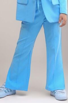 Kız Çocuk Halka Detaylı Blazer Ceket ve  Yırtmaç Detaylı İspanyol Paçalı Pantolon Mavi Alt Üst Takım