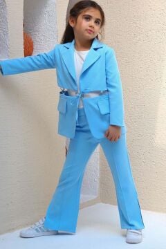 Kız Çocuk Halka Detaylı Blazer Ceket ve  Yırtmaç Detaylı İspanyol Paçalı Pantolon Mavi Alt Üst Takım