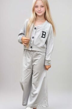 Kız Çocuk Harf Baskılı Düğmeli Kolej Hırka Bol Kesim Paça Gri Eşofman Takım