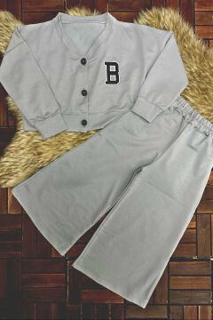 Kız Çocuk Harf Baskılı Düğmeli Kolej Hırka Bol Kesim Paça Gri Eşofman Takım