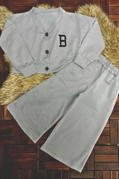 Kız Çocuk Harf Baskılı Düğmeli Kolej Hırka Bol Kesim Paça Gri Eşofman Takım