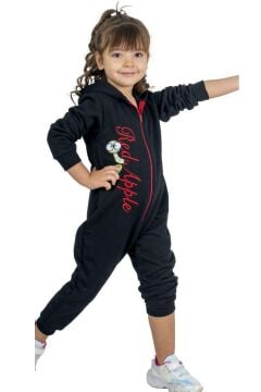 Kız Bebek Üzerinde Elma Yazı ve Baskılı Önü Fermuarlı Kapüşonlu Siyah Tulum