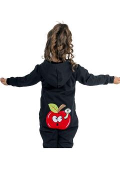 Kız Bebek Üzerinde Elma Yazı ve Baskılı Önü Fermuarlı Kapüşonlu Siyah Tulum