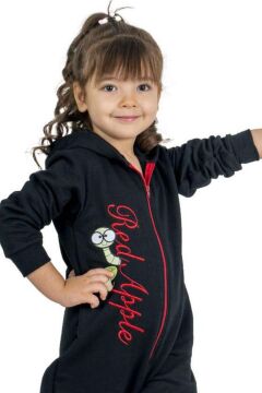 Kız Bebek Üzerinde Elma Yazı ve Baskılı Önü Fermuarlı Kapüşonlu Siyah Tulum