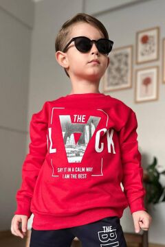 Erkek Çocuk The Black Yazı ve Figür Detaylı Kırmızı Eşofman Takım