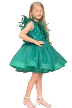 Kız Çocuk Omuzdan Göğse Tüylü Tek Omuz Eteği Kabarık Tüllü Yeşil Abiye