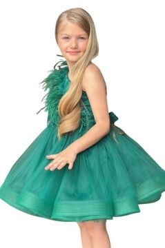 Kız Çocuk Omuzdan Göğse Tüylü Tek Omuz Eteği Kabarık Tüllü Yeşil Abiye