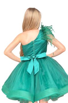 Kız Çocuk Omuzdan Göğse Tüylü Tek Omuz Eteği Kabarık Tüllü Yeşil Abiye