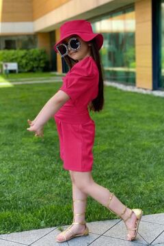 Kız Çocuk Bisiklet Yaka Beli Çift Bağlamalı Fuşya Şort Tulum