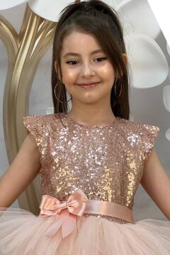 Kız Çocuk Üstü Pulpayet İşlemeli Katkat Somon Abiye