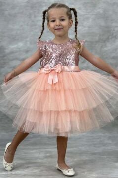 Kız Çocuk Üstü Pulpayet İşlemeli Katkat Somon Abiye