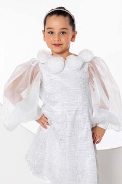 Kız Çocuk Yakası Boydan Gül Broş Detaylı Bilekleri ve Üzeri Pullu Karpuz Kollu Beyaz Elbise