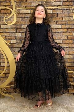 Kız Çocuk Kolları ve Yakası Şeffaf Tüllü ve Yaprak Detaylı Siyah Elbise