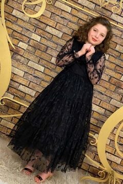 Kız Çocuk Kolları ve Yakası Şeffaf Tüllü ve Yaprak Detaylı Siyah Elbise