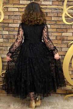 Kız Çocuk Kolları ve Yakası Şeffaf Tüllü ve Yaprak Detaylı Siyah Elbise