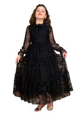Kız Çocuk Kolları ve Yakası Şeffaf Tüllü ve Yaprak Detaylı Siyah Elbise