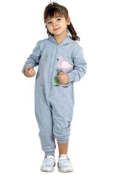 Kız Bebek Üzerinde Flamingo Baskılı Önü Fermuarlı Kapüşonlu Buz Mavisi Tulum