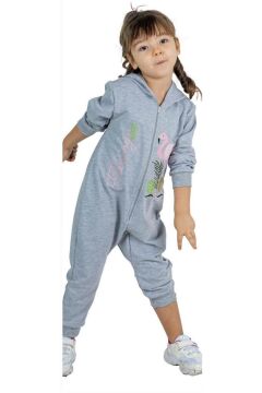 Kız Bebek Üzerinde Flamingo Baskılı Önü Fermuarlı Kapüşonlu Buz Mavisi Tulum