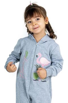 Kız Bebek Üzerinde Flamingo Baskılı Önü Fermuarlı Kapüşonlu Buz Mavisi Tulum