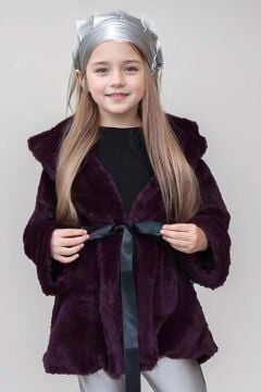 Kız Çocuk Penye Kazak ve Deri Taytlı Kuşak Detaylı Jarse Bordo Kürklü Kaban