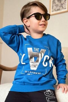 Erkek Çocuk The Black Yazı ve Figür Detaylı Mavi Eşofman Takım