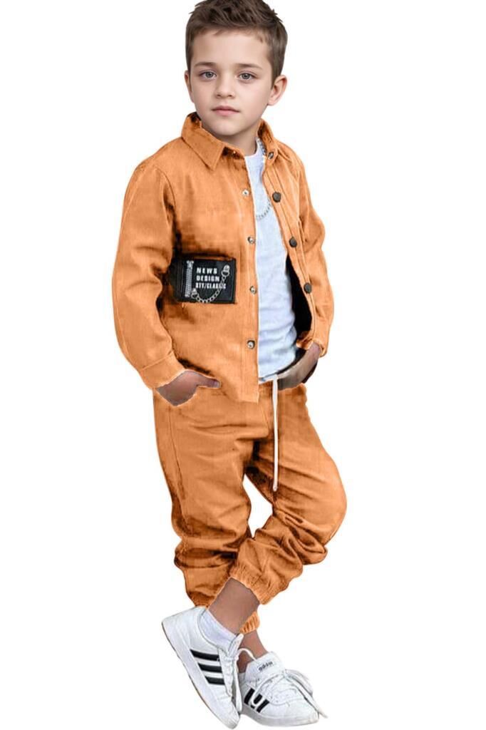 Erkek Çocuk Cıtcıt Düğme Detaylı Gömlek Yaka Ceket Penye Tişört Taba Eşofman Takım