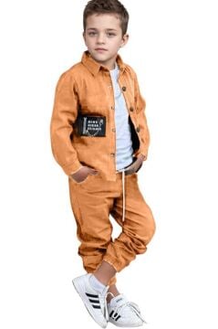 Erkek Çocuk Cıtcıt Düğme Detaylı Gömlek Yaka Ceket Penye Tişört Taba Eşofman Takım
