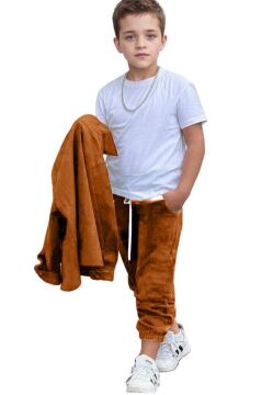 Erkek Çocuk Cıtcıt Düğme Detaylı Gömlek Yaka Ceket Penye Tişört Taba Eşofman Takım