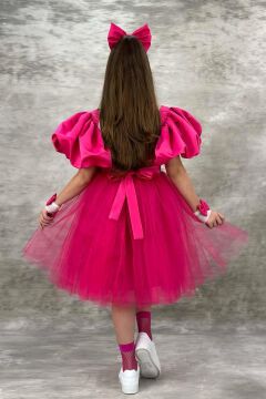 Kız Çocuk Göğsü Saten Kumaş Beli Fiyonk Detaylı Karpuz Kollu Tüllü Fuşya Abiye