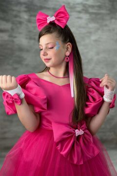 Kız Çocuk Göğsü Saten Kumaş Beli Fiyonk Detaylı Karpuz Kollu Tüllü Fuşya Abiye