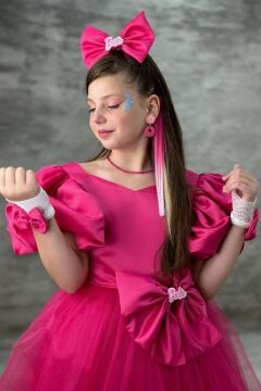 Kız Çocuk Göğsü Saten Kumaş Beli Fiyonk Detaylı Karpuz Kollu Tüllü Fuşya Abiye