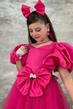 Kız Çocuk Göğsü Saten Kumaş Beli Fiyonk Detaylı Karpuz Kollu Tüllü Fuşya Abiye