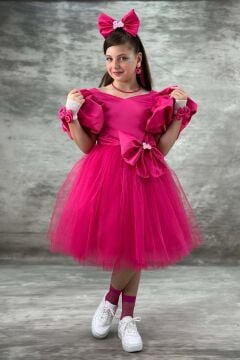 Kız Çocuk Göğsü Saten Kumaş Beli Fiyonk Detaylı Karpuz Kollu Tüllü Fuşya Abiye