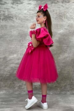 Kız Çocuk Göğsü Saten Kumaş Beli Fiyonk Detaylı Karpuz Kollu Tüllü Fuşya Abiye