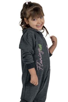 Kız Bebek Üzerinde Flamingo Baskılı Önü Fermuarlı Kapüşonlu Füme Tulum