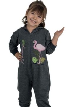 Kız Bebek Üzerinde Flamingo Baskılı Önü Fermuarlı Kapüşonlu Füme Tulum