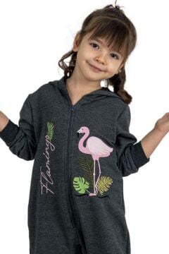 Kız Bebek Üzerinde Flamingo Baskılı Önü Fermuarlı Kapüşonlu Füme Tulum
