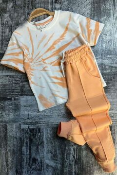 Kız Çocuk Bisiklet Yaka Boya Desenli T-Shirt Cımalı Somon Eşofman Takım