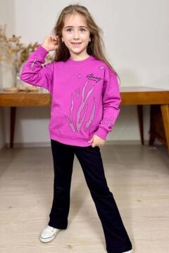 Kız Çocuk Strong Yazı Detaylı ve Üzeri Taş Ağaç Baskılı Çift Cepli Mor Eşofman Takım