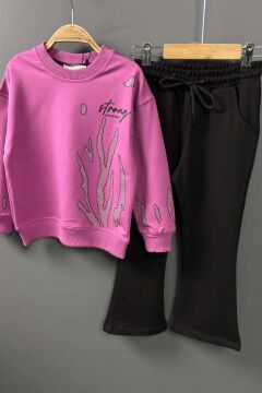 Kız Çocuk Strong Yazı Detaylı ve Üzeri Taş Ağaç Baskılı Çift Cepli Mor Eşofman Takım