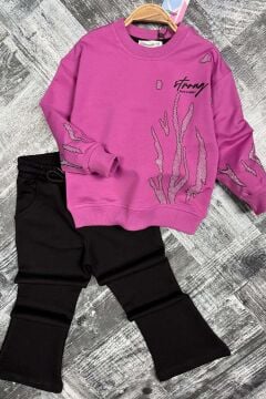 Kız Çocuk Strong Yazı Detaylı ve Üzeri Taş Ağaç Baskılı Çift Cepli Mor Eşofman Takım