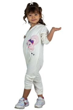 Kız Bebek Üzerinde Kedi ve Miaw Yazı Baskılı Önü Fermuarlı Kapüşonlu Beyaz Tulum